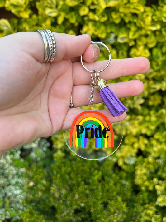 Acrylic Vinyl Pride Rainbow Keyring, Tassel colour Customisable