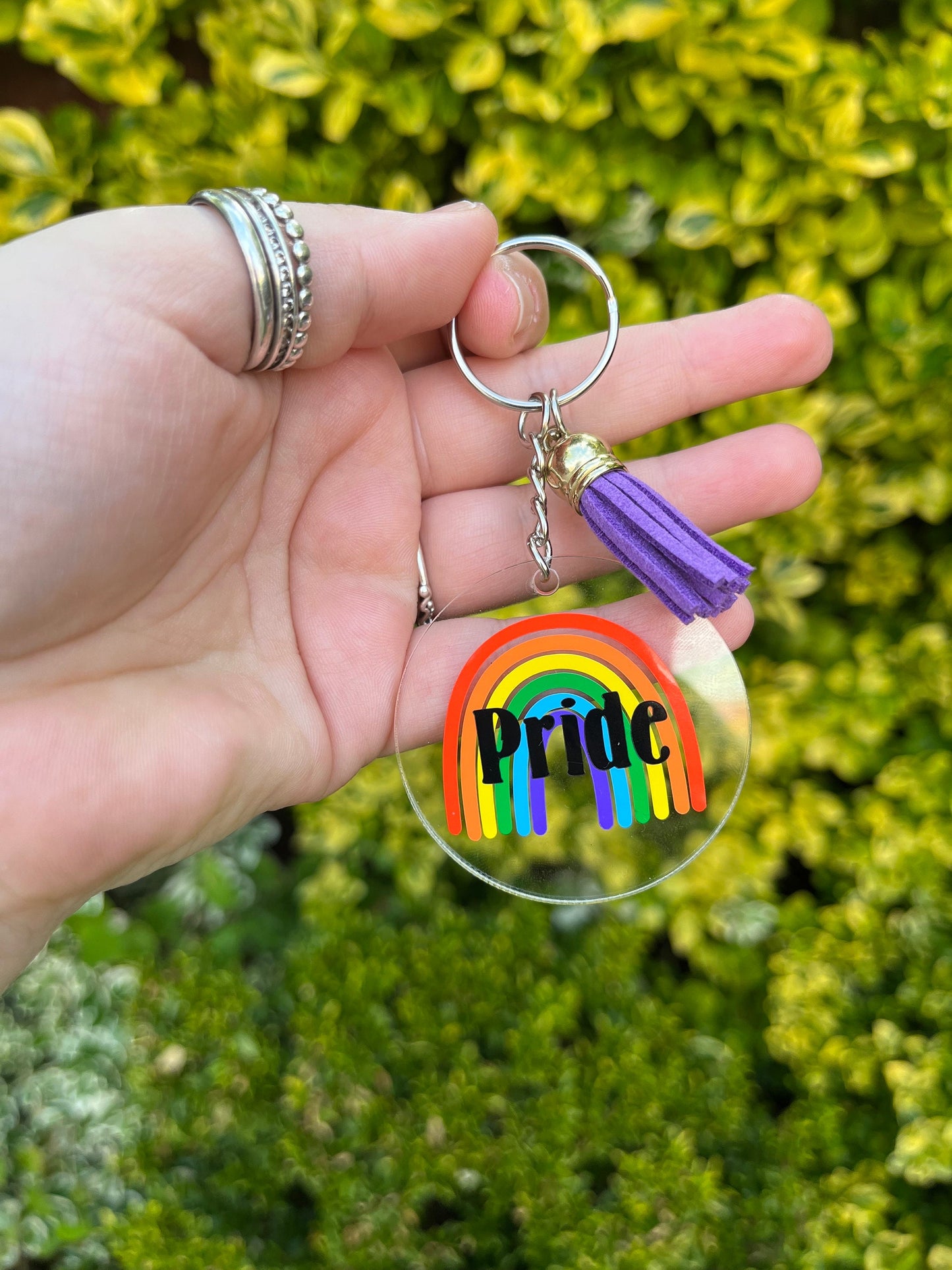 Acrylic Vinyl Pride Rainbow Keyring, Tassel colour Customisable