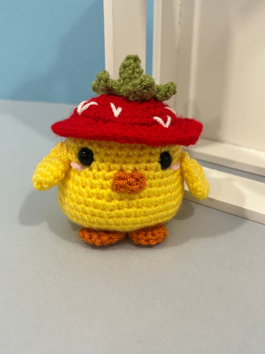 Crochet Small Duck Wearing Strawberry Hat Plushie